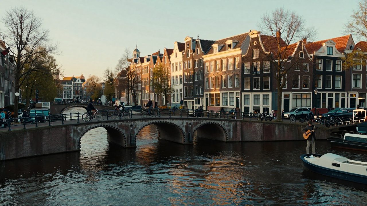 Canal and bridge at sunset with musician carrying guitar case.
