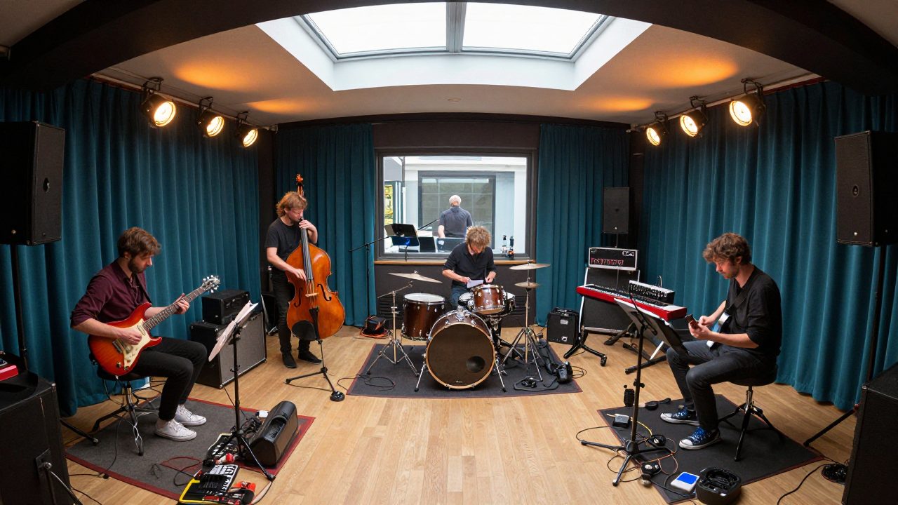 Band speelt live op vloer met drumkit in glazen booth op achtergrond.