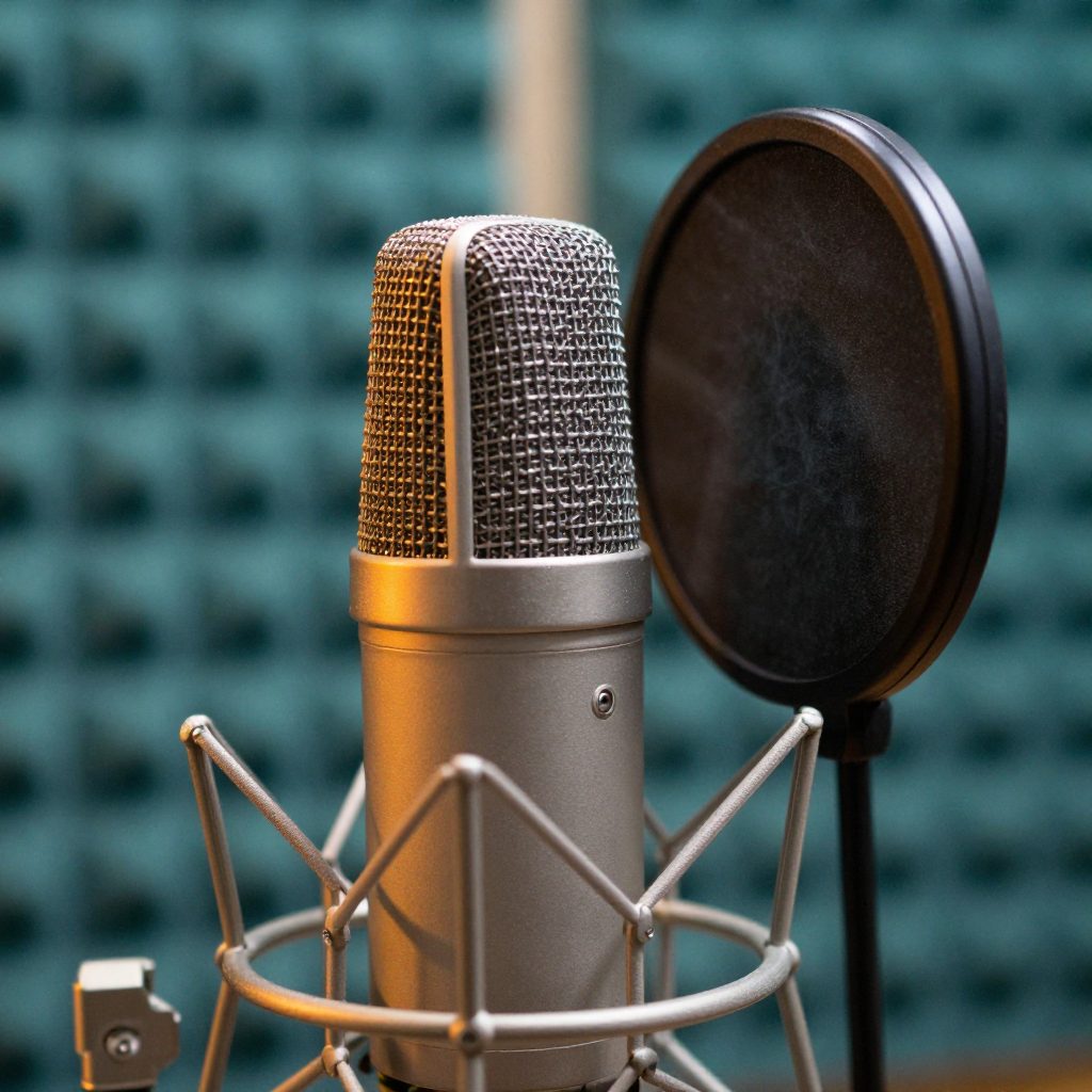 Close-up of condenser microphone with pop filter before teal panels.