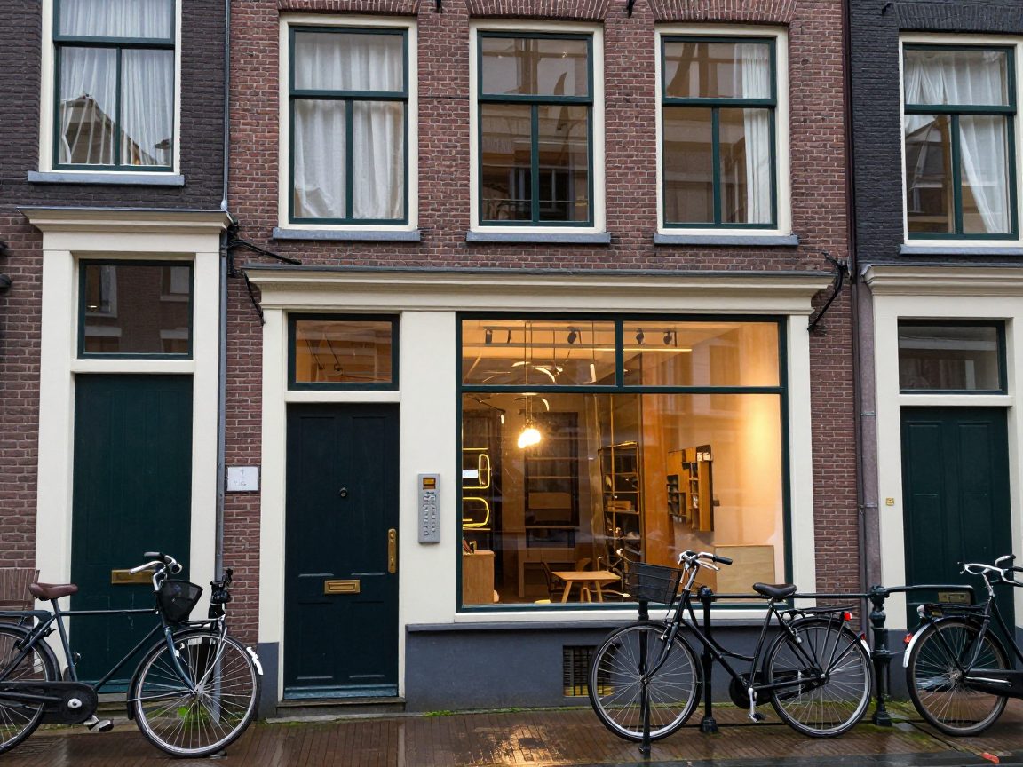 Grondgevel met studio-ingang aan smalle Amsterdamse straat met fietsen.