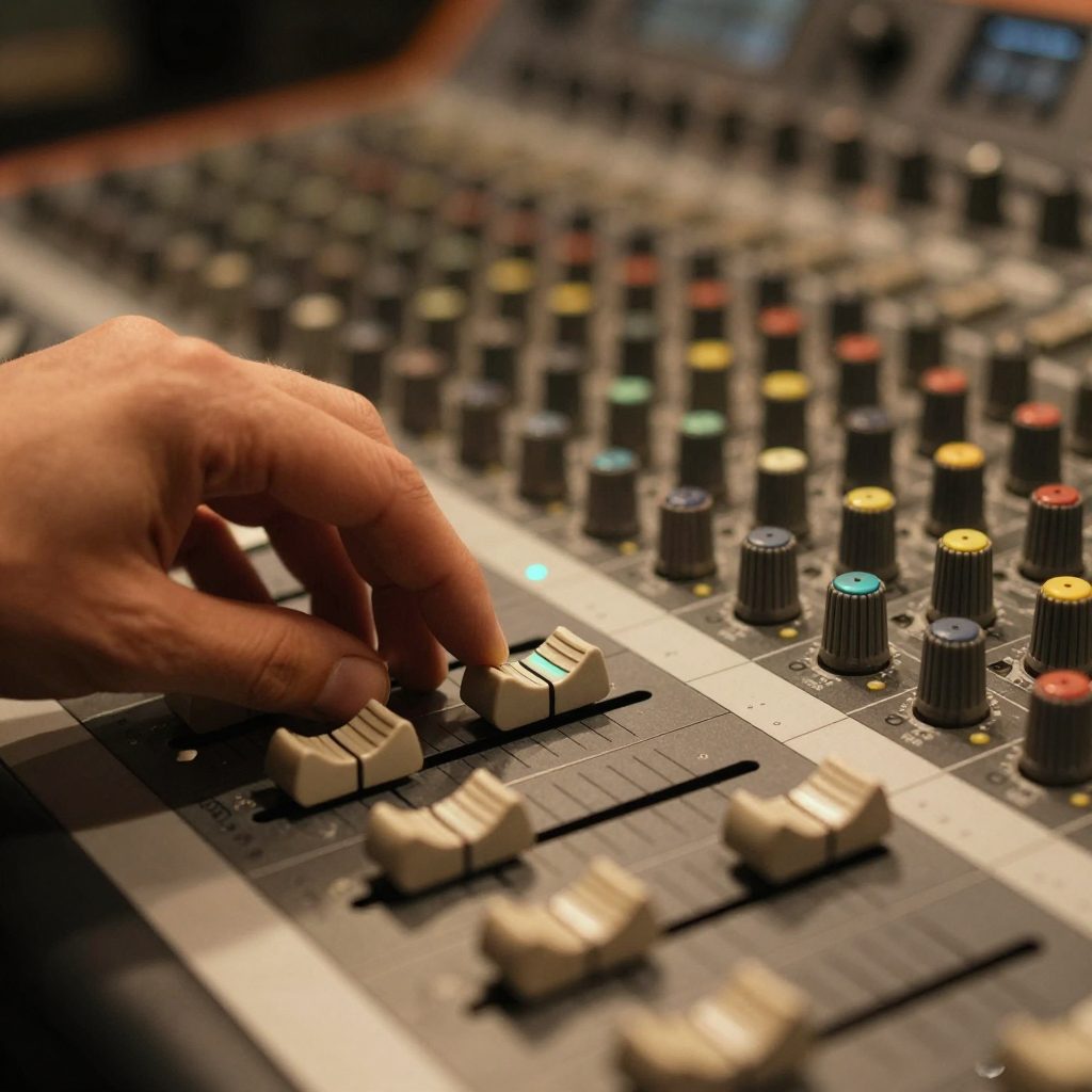 Hand on mix console fader with teal reflection on metal cap.