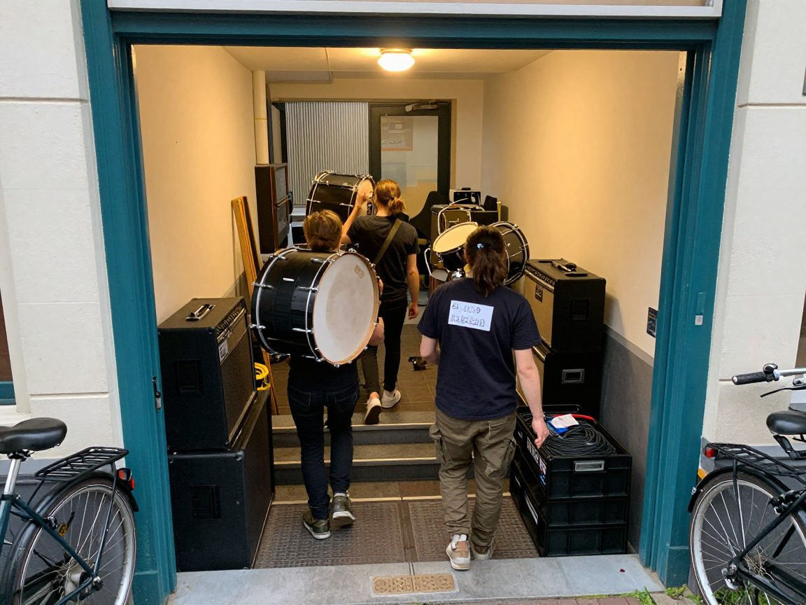 Band carries drum hardware inside while engineer points to cables.