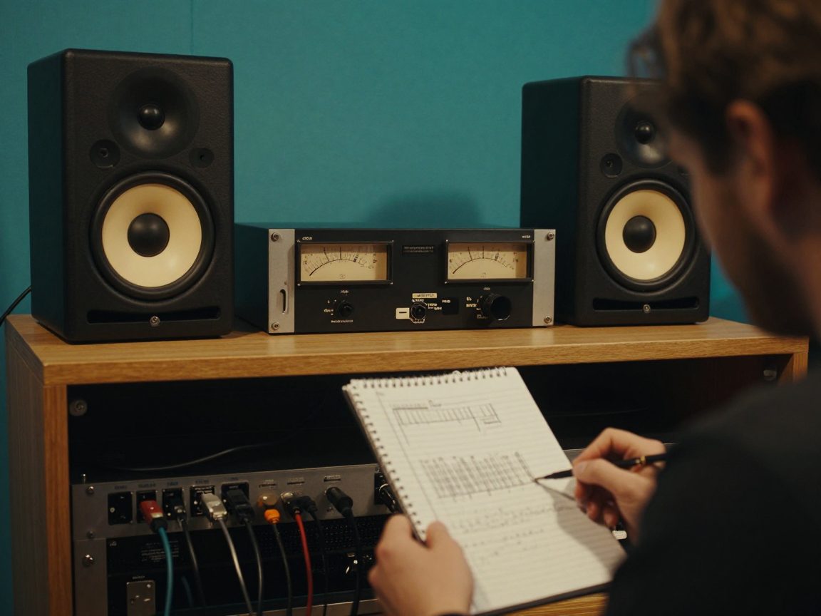Engineer listens critically between two monitor pairs with meters.