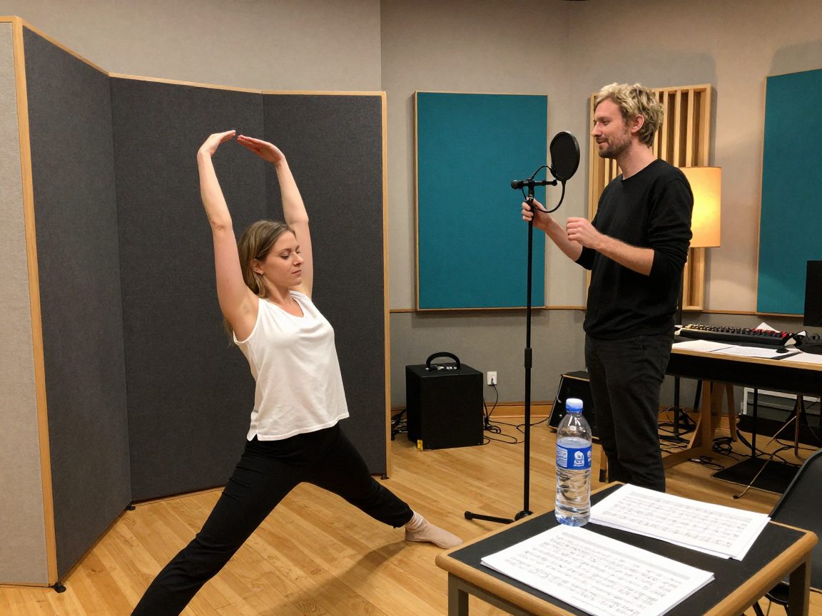 Singer warming up beside booth while engineer checks mic stand.