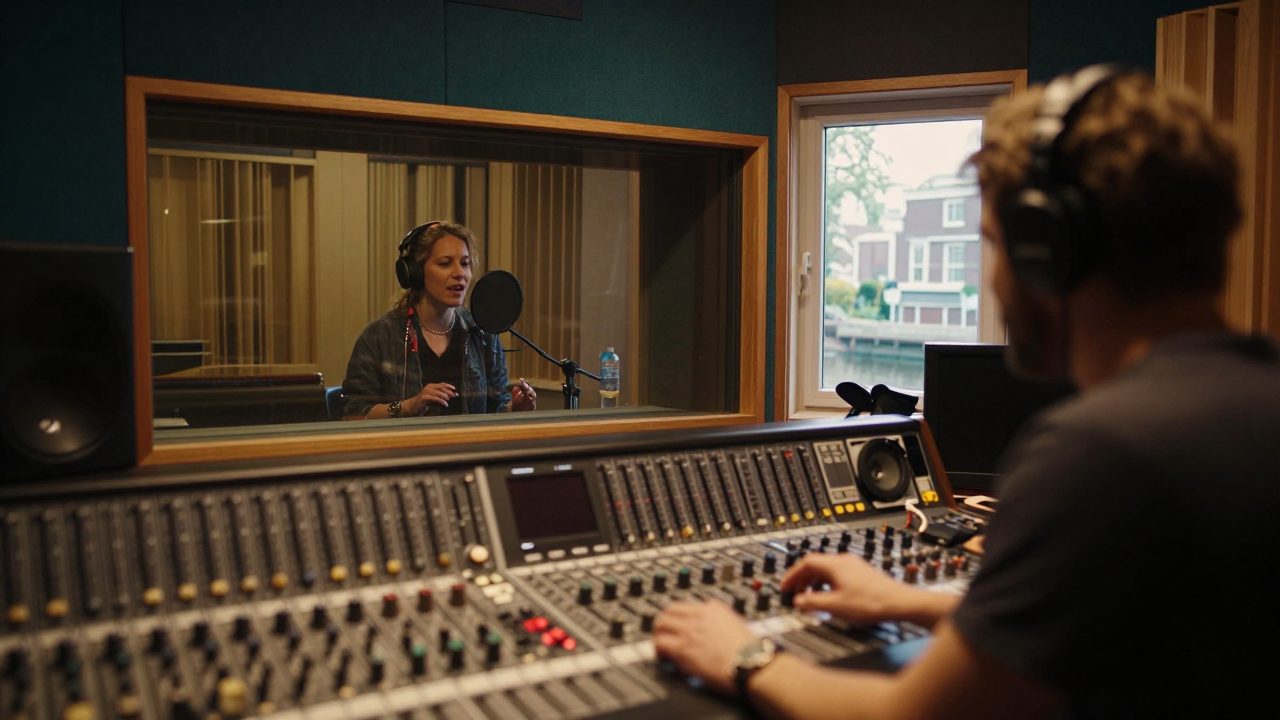 Singer in iso booth and engineer at console in warmly lit studio.