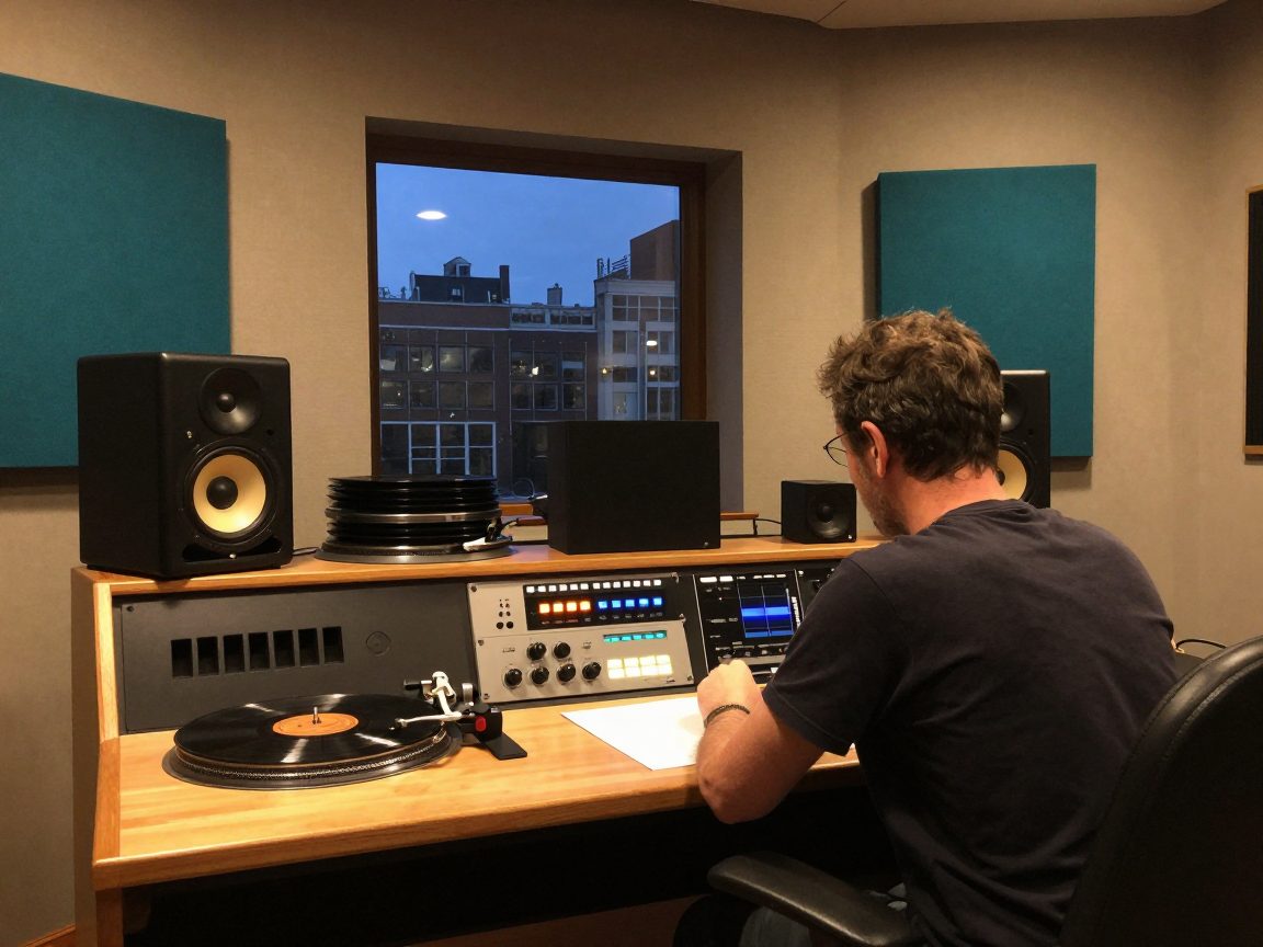 Master engineer tussen full-range speakers in gedimde masteringruimte.