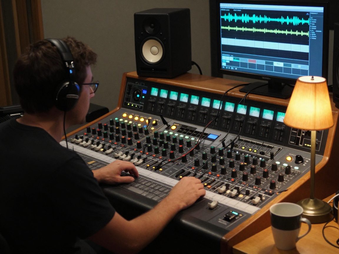 Mix engineer achter console met monitors en gedempt schermlicht.