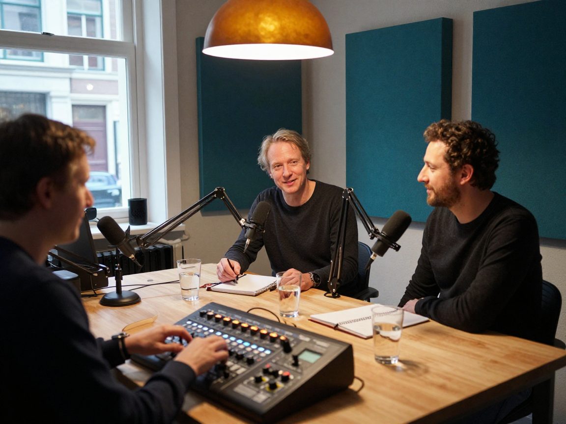 Drie podcasters aan tafel met microfoons en engineer op achtergrond.