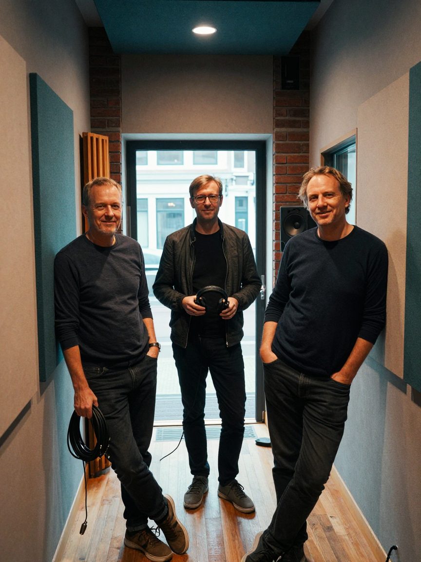 Drie studio medewerkers poseren informeel in gang met kabels en koptelefoon.